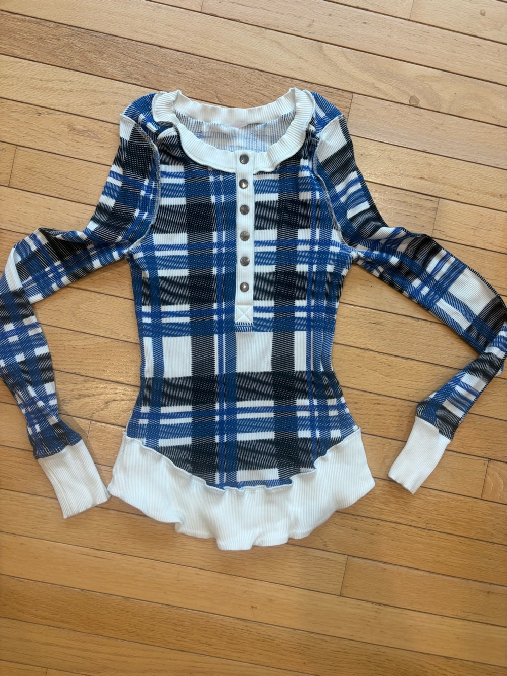 FP Movement by Free People Blue Black White Plaid Long Sleeve Rally Henley Top